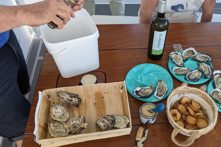Fresh oysters on a table with a wine bottle and dipping sauces.