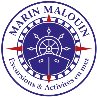 Logo with ship and wheel, text: Marin Malouin, Excursions & Activités en mer.