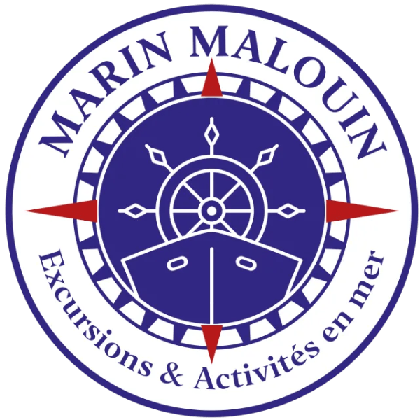 Logo with ship and wheel, text: Marin Malouin, Excursions & Activités en mer.
